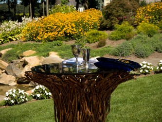 Twig table for the ceremony in the garden, Laurence Frank photo